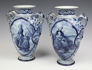 A pair of 19th/20th Century Delft twin handled vases with transfer decoration of children, bases marked 2203 with impressed mark 30cm 