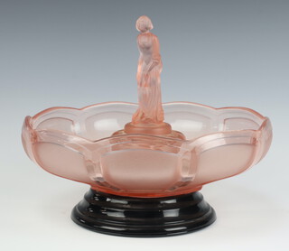 An Art Deco moulded orange glass table centre piece, the centre with standing lady 11cm x 26cm 