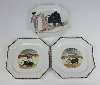 Pickman of Sevilla, 3 Spanish transfer decorated plates depicting bull fighting 24cm (1 cracked, 2 crazed) 