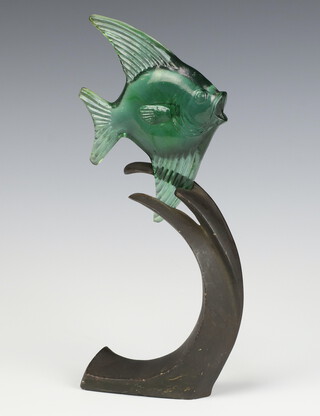 A Bermondsey green glass figure of an angel fish on a cast bronze base int the form of waves, in the manner of Guy Underwood 28cm 