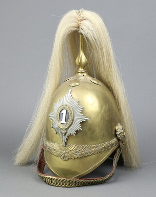 A Victorian Other Ranks 1871 First Dragoon Guards Albert Pattern helmet complete with plume and chin strap 