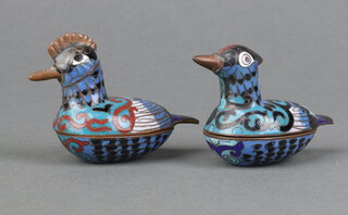 A pair of miniature cloisonne enamelled trinket boxes in the form of seated ducks 5cm x 5cm x 3cm 