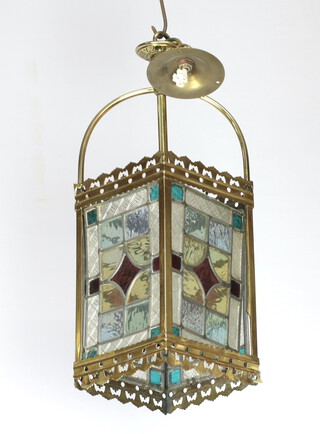 A Victorian gilt metal and lead glazed glass, rectangular shaped, hanging lantern 49cm h x 16cm 