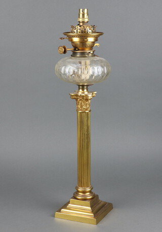 A Victorian faceted glass oil lamp reservoir raised on a Corinthian column and stepped base 52cm h x 12cm x 12cm (converted to an electric table lamp)  