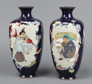 A pair of square Japanese black ground and floral patterned cloisonne enamelled vases decorated panels with figures 25cm x 11cm 