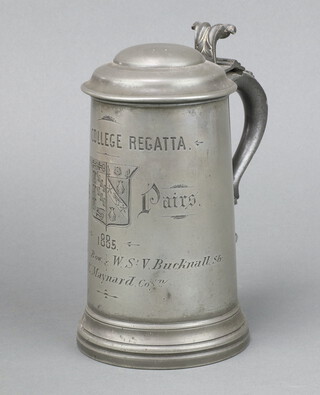 A Victorian Exeter College Regatta pewter lidded trophy tankard marked Exeter College Sritch Pairs 1895 21cm x 11cm 