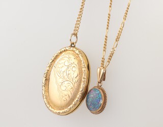 A 9ct yellow gold necklace 3.5 grams 40cm with an oval gilt locket, together with a 9ct yellow gold necklace 2.7 grams 32cm with a 9ct gold mounted opal pendant gross weight 14 grams 