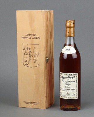A 70cl bottle of 1966 Vintage Marquis de  Puysegur Bas Armagnac in a wooden carrying case and with certificate 
