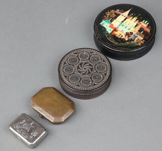 An 18th Century gilt metal lozenge shaped box engraved Remember M 5cm x 4cm, a cylindrical carved wooden box 2cm x 8cm, circular Russian black lacquered box decorated buildings 2cm x 9cm and a German metal snuff box decorated a hunting scene 1cm x 4cm x 3cm 