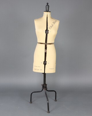 A 1930's fabric covered dress makers adjustable mannequin marked Chil=Dcllu no.344739 on a metal stand 153cm h x 34cm w x 24cm d 
