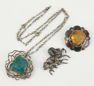 A Sterling silver hardstone brooch, 1 other, a necklace and pendant 