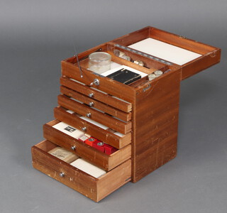 A mahogany dental cabinet with hinged lid fitted 6 drawers containing various unused glass microscope slides complete with key 39cm h x 33cm w x 23cm d  