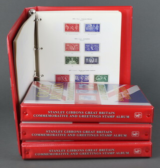 Volumes 1 to 4 Stanley Gibbons Great Britain Commemorative and Greeting stamp albums of mint stamps, some spaces 
