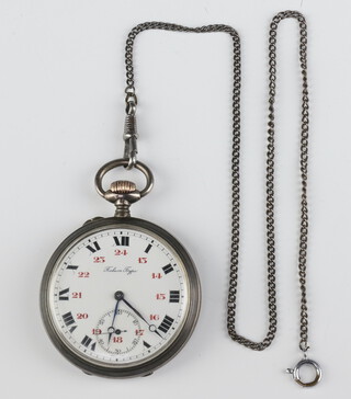 A Continental silver mechanical pocket watch  with seconds at 6 o'clock, black Roman numerals and red 24 hour clock, contained a 50mm case on a metal Albert
