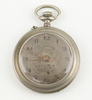 A Russian white metal mechanical pocket watch the dial inscribed Gre Roskopf, the dial engraved with a steam train with black numerals and red 24 hours the movement marked Switzerland, contained in a 50mm case 