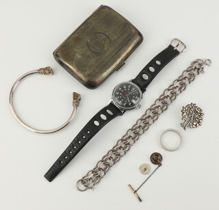 A silver torque bracelet with rams head terminals, 1 other, a brooch, silver eternity ring and cigarette case, 118 grams and a silver cased Timex watch 