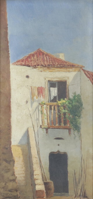 J Cabral, oil on panel, Continental courtyard scene 33cm x 17cm 