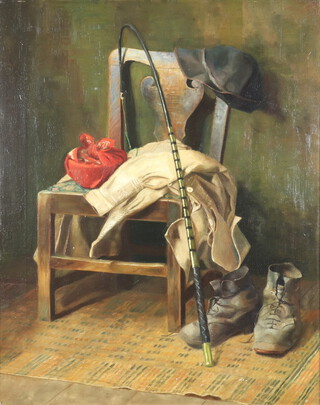 19th Century oil on canvas unsigned, interior scene of a Georgian chair, coat, hat, tied handkerchief, driving whip and boots on a Persian carpet 76cm x 60cm 