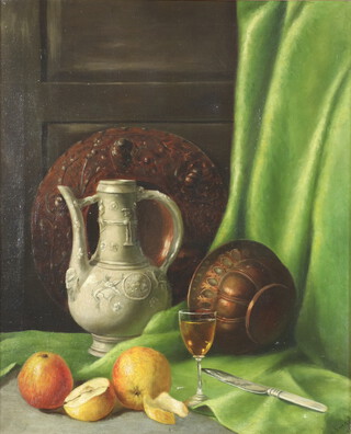 19th Century oil on canvas unsigned, still life with Continental pewter jug, copper dish and mould, fruits and glass of wine with knife (patched) 53cm x 44cm 