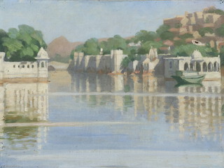 C Maxwell, oil on canvas dated 1916, Indian riverscape with buildings 27cm x 35cm, with exhibition label on verso, dated 14/04/16
