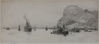 William Lionel Wyllie (1851-1931), etching of Gibraltar signed in pencil 18cm x 38cm 