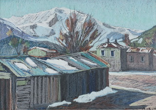 **Armeno Mattioli 1920-2010, gouache signed and indistinctly dated, village scene with distant mountains, with Unicorn Gallery, Wilmslow label on verso 34cm x 48cm ** Please Note - Artist's Re-sale Rights may be payable on this lot