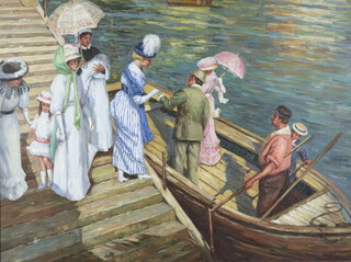 After E Phillips Fox, 20th Century oil on canvas unsigned "The Ferry" of Edwardian people boarding a boat 74cm x 100cm  