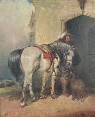 B Spalding, oil on panel, study of a man with horse and dog 27cm x 22cm  