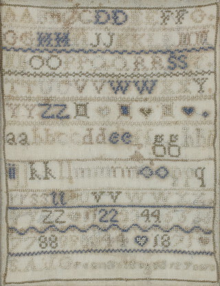 A 19th Century sampler of upper and lower case alphabet and numbers by S A J Greenfold Aged 12 years 24cm x 19cm 