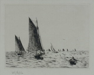 William Lionel Wyllie (1851-1931) etching, signed in pencil, fishing boats on Hamilton Bank, with Arthur Ackermann label to the back 20cm x 24cm 