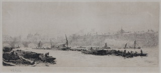 William Lionel Wyllie (1851-1931), etching signed in pencil, view of The Thames 14cm x 31cm 