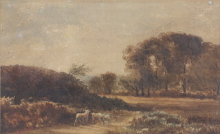 19th Century watercolour indistinctly signed, sheep in a country landscape 21cm x 34cm  