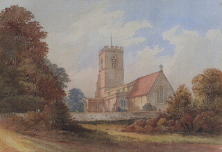 Victorian watercolour unsigned, study of a church with figures 20cm x 31cm 