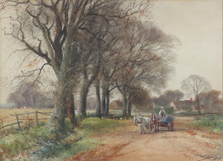 Henry Charles Fox (1855-1929) watercolour signed and dated 1909, a farmer with horse and cart in a country lane with geese, cattle and distant buildings 54cm x 74cm 