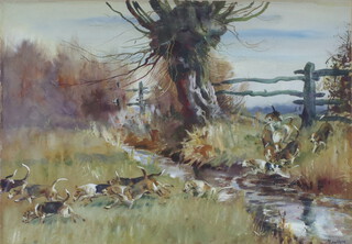 **Michael Lyne (1912-1989), watercolour signed, beagles crossing a stream 23cm x 33cm ** Please Note - Artist's Re-sale Rights may be payable on this lot