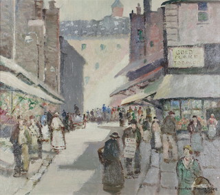 Reginald F Knowles Drew (1878-1983) oil on canvas dated 1936, figures in a busy street scene 39cm x 44cm 