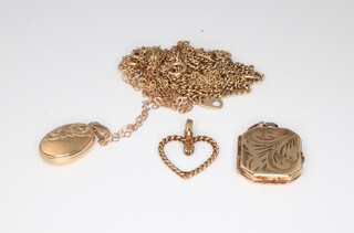 Five 9ct yellow gold necklaces 34cm, 38cm, 40cm, 50cm, 50cm and 2 lockets, 9.4 grams 
