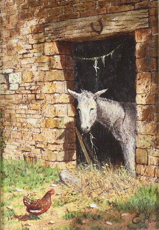 **Edward Hersey (born 1948), acrylic on board signed, donkey and chicken in a farmyard 16cm x 11cm ** Please Note - Artist's Re-sale Rights may be payable on this lot