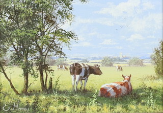 **Edward Hersey (born 1948), acrylic on board signed, cattle in an extensive landscape with distant town 11cm x 16cm ** Please Note - Artist's Re-sale Rights may be payable on this lot