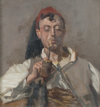 E S S, oil on board monogrammed, study of a Tunisian gentleman smoking a pipe 17cm x 16cm