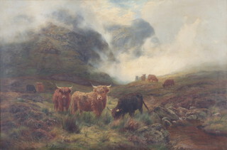 Louis Bosworth Hurt (1856-1929), a large and impressive oil on canvas, signed Louis B Hurt and dated 1899, extensive misty Scottish highland landscape with highland cattle, labelled "The Mists of The Morning Glen Coe" 90cm x 136cm, old labels on verso 