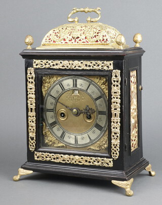 A 17th/18th Century double fusee, striking on bell bracket clock, the 17cm square gilt dial with spandrels, silvered chapter ring with Roman numerals and calendar aperture, the 15cm engraved back plate marked Joshua? Seddon London, complete with pendulum, contained in an ebonised and pierced gilt metal case 37cm h x 11cm w x 18cm d 