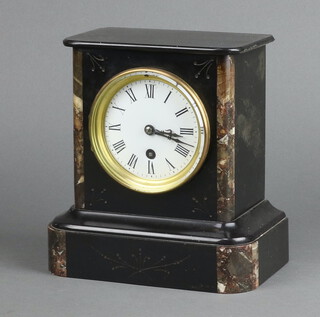 A 19th Century  French timepiece with 9cm enamelled dial, Roman numerals, contained in a black marble base, the back plate marked 14666 4 B3, complete with pendulum, no key, 21cm h x 20cm w x 11cm d 