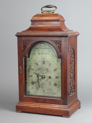 John Longhurst of Kingston, an 18th Century double fusee, 8 day striking bracket clock, the 17cm arched silver dial marked John Longhurst Kingston with Roman numerals, having a 14.5cm plain unsigned back plate, complete with pendulum and key, contained in a mahogany case 47cm h x 26cm w x 17cm d  