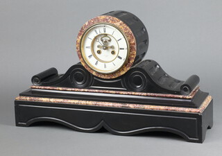 Japy Freres, a French 8 day striking mantel clock with 12cm enamelled dial, Roman numerals and visible escapement, the back plate marked Japy Freres 39943, complete with pendulum, no key, the bell is missing, contained in a black marble architectural case, the dial marked Hay Marc Paris 33cm h x 54cm w x 16cm d 