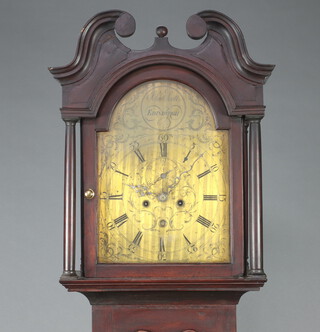 John Scot of Edinburgh an 18th Century 8 day striking longcase clock, the 30cm arched dial marked John Scott Edinburgh with subsidiary second hand, calendar aperture, complete with pendulum, weights and key, contained a mahogany case 220cm h, the plinth is separate to the main body  