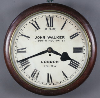 British Railways Southern, a fusee wall clock, the 45.5cm painted dial with Roman numerals and marked BRS John Walker 1 South Morton Street London 191 SW, having a plain unmarked 14cm back plate, outer case impressed 191 SW, complete with pendulum and key  