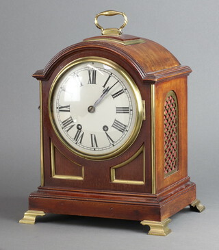 A 19th Century French striking bracket clock with 15cm painted dial, Roman numerals, the back plate marked 1328, contained in an arch shaped mahogany case, complete with pendulum and key 30cm h x 25cm w x 19cm d 