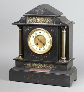 A French 8 day striking mantel clock with 12cm enamelled dial Arabic numerals contained in a marble and gilt metal mounted architectural case 44cm h x 36cm w x 15cm d, complete with pendulum 