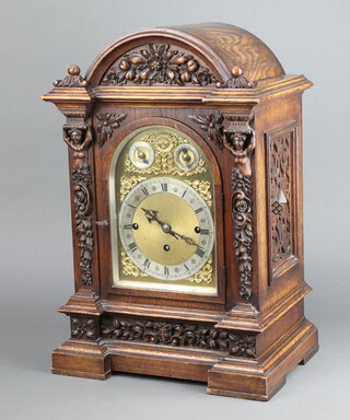 A Victorian triple fusee Grand Sonnier bracket clock, the 18cm arched gilt dial with silvered chapter ring, slow fast dial, silent/chime dial, marked 55B.W. Fase and Co. 50 Oxford Street, the 16cm back plate marked W and HSCH, striking on 5 gongs  and complete with pendulum and key, contained in a heavily carved and fretted oak case, 50cm h x 33cm w x 23cm d 